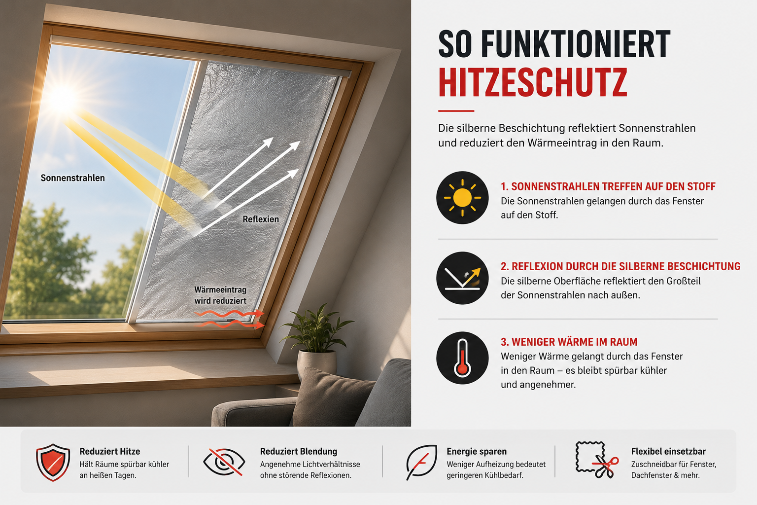 Sonnenschutzstoff mit schwarzer und silberner Seite für Hitzeschutz und Verdunkelung