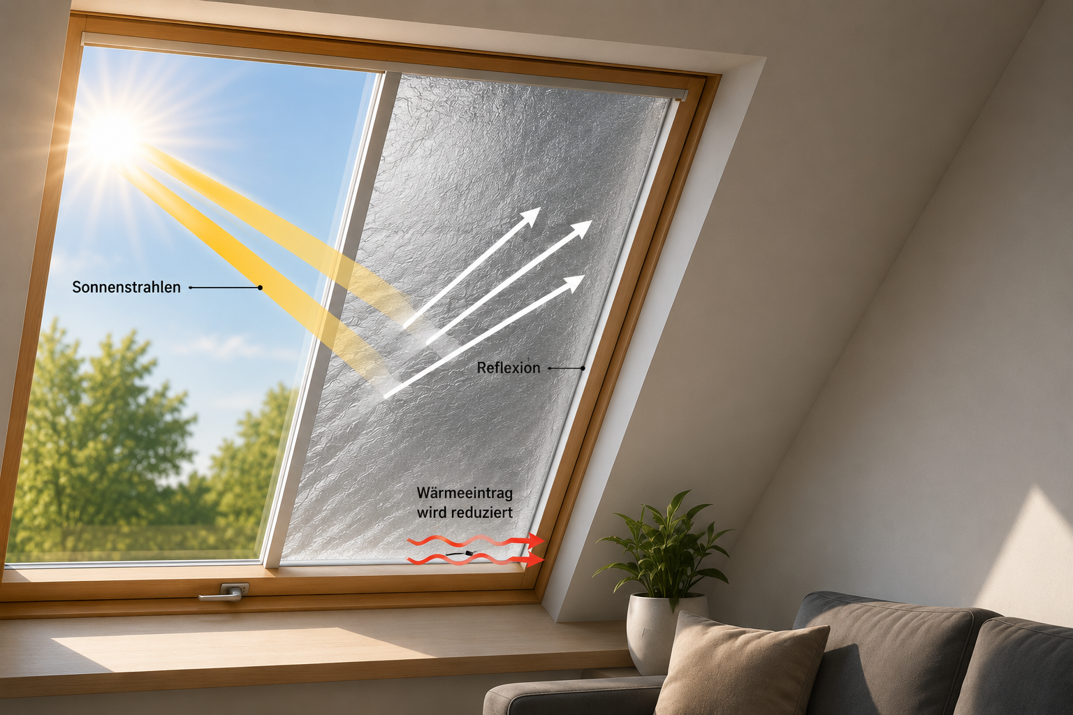 Reflexion der Sonnenstrahlen durch den silbernen Sonnenschutzstoff reduziert den Wärmeeintrag am Dachfenster