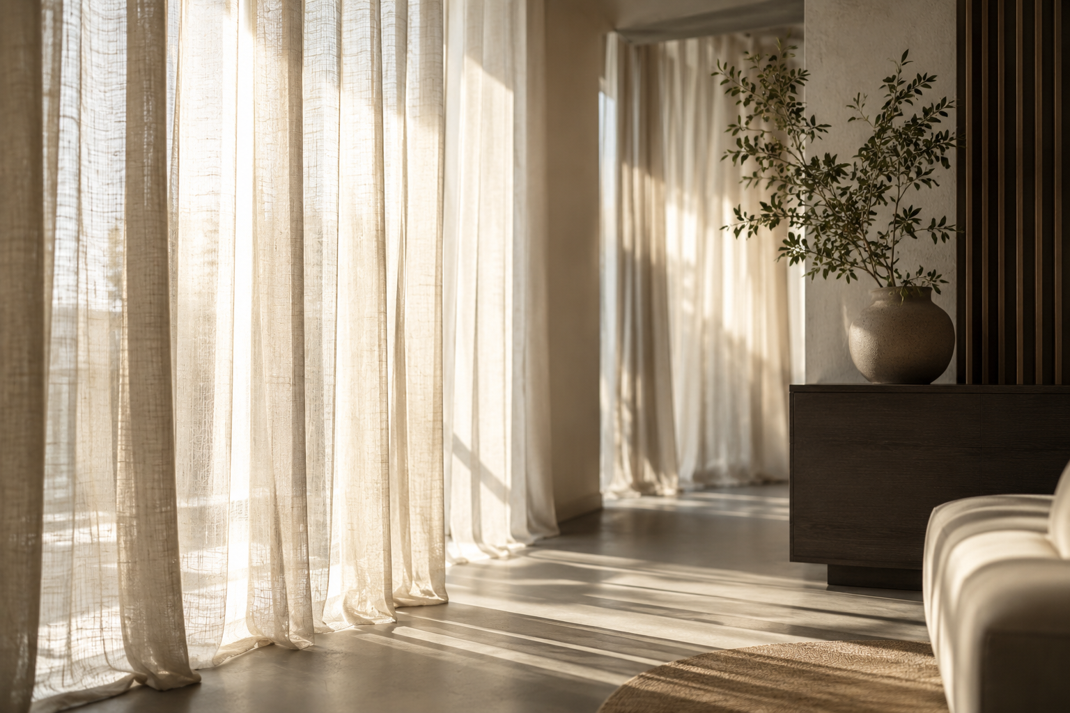 Warme Lichtstimmung mit bodentiefen Gardinen in modernem Wohnraum