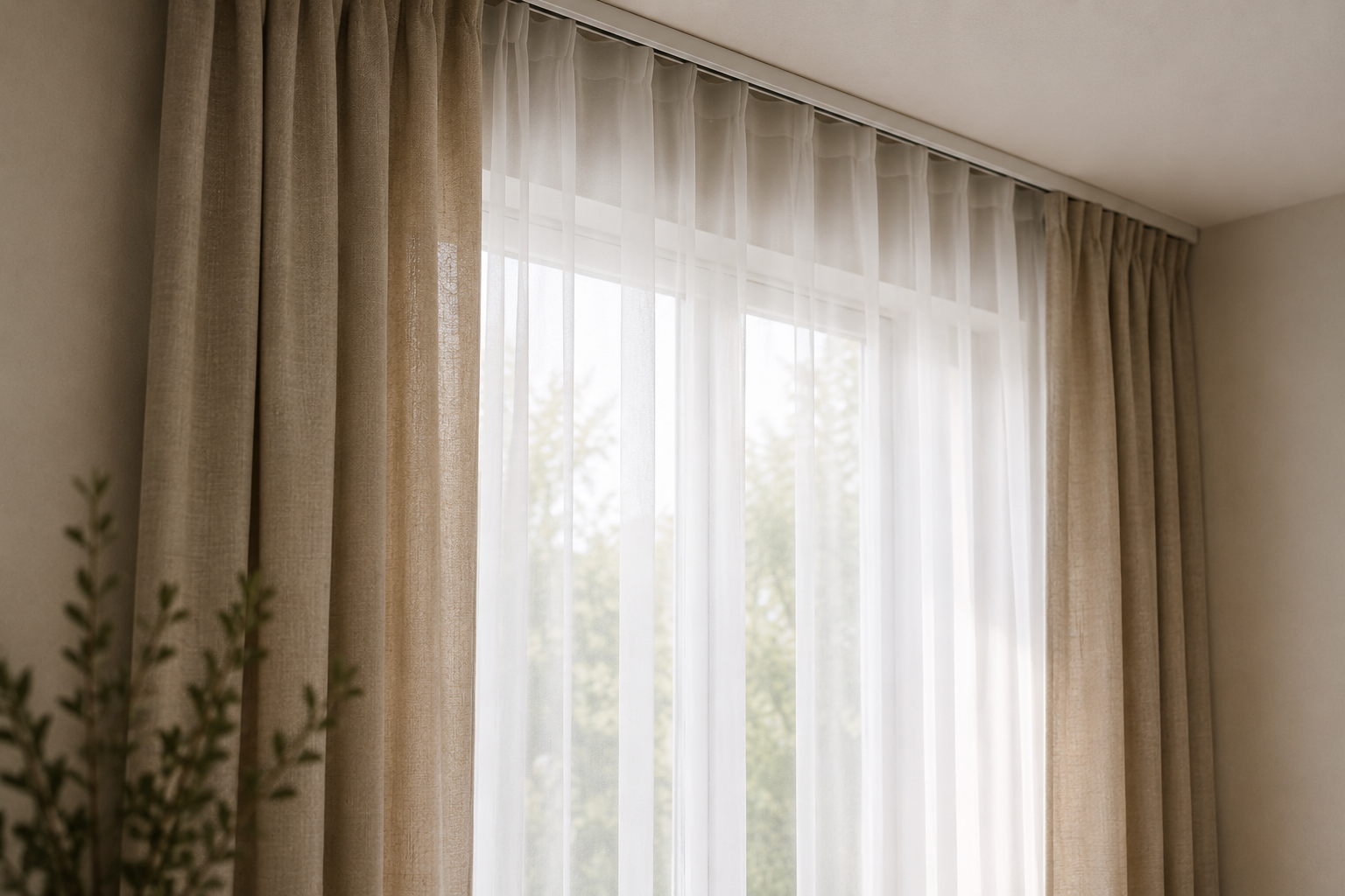 Moderne Gardinen und Vorhänge mit weichem Stofffall vor großem Fenster