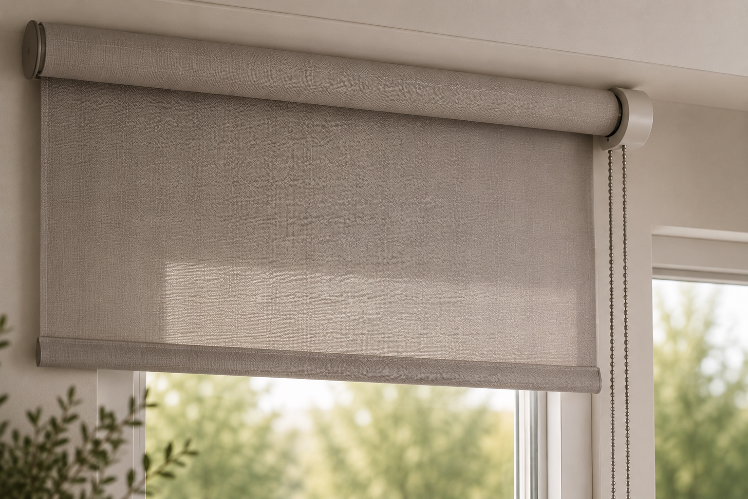 Modernes Rollo in Leinenoptik mit lichtdurchlässigem Stoff am Fenster