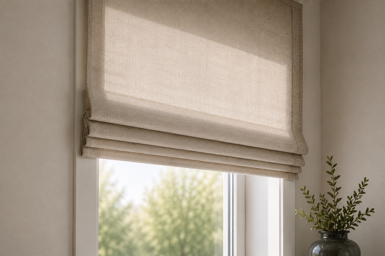 Hochwertiges Raffrollo aus Leinenstoff mit weichem Lichteinfall am Fenster