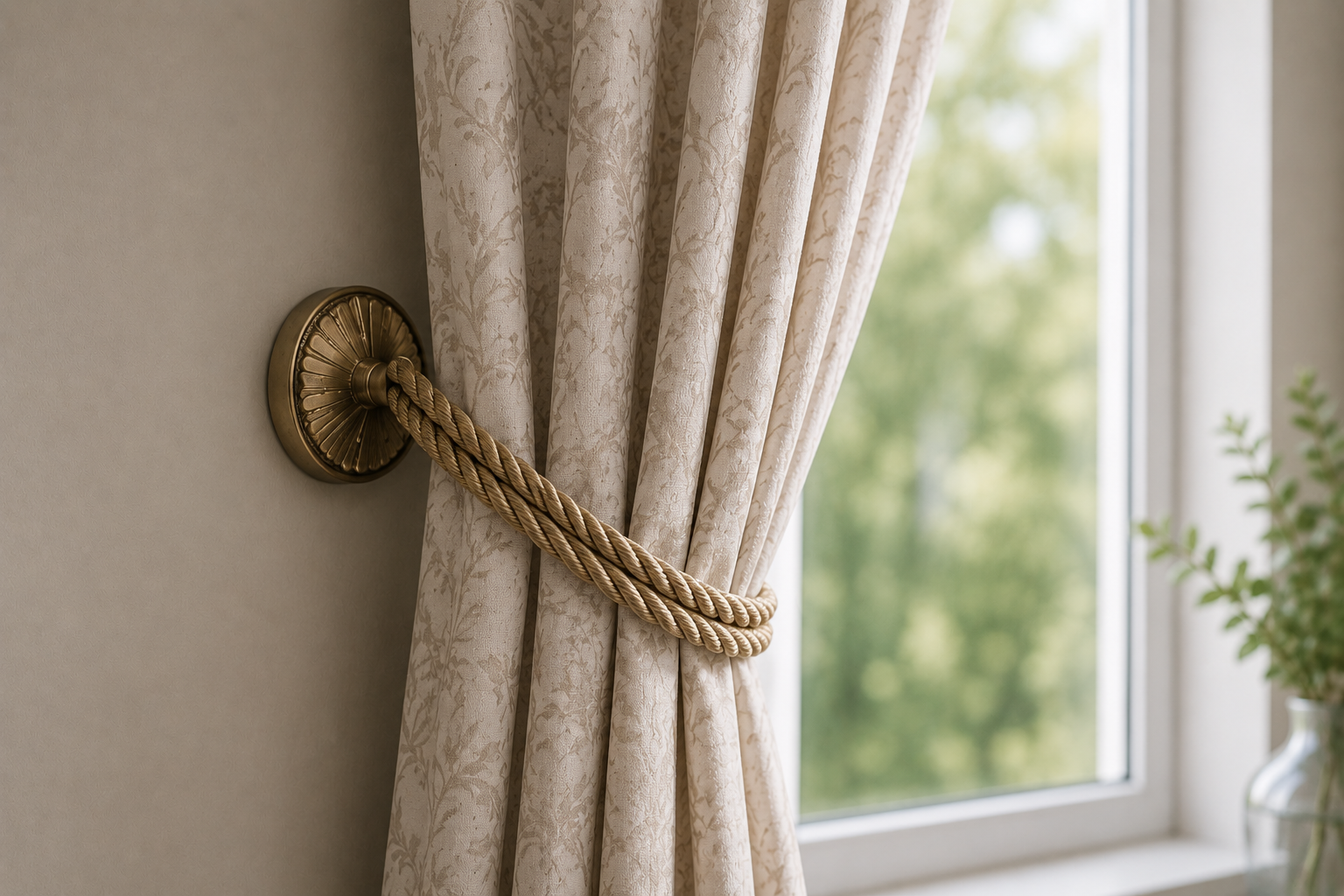 Elegante Stoffdekoration mit dekorativer Raffhalterung und hochwertigem Vorhangstoff